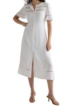 Quince Lightweight Crepe Lace Inset Midi Dress, Large NWT